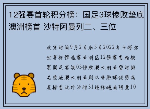 12强赛首轮积分榜：国足3球惨败垫底澳洲榜首 沙特阿曼列二、三位
