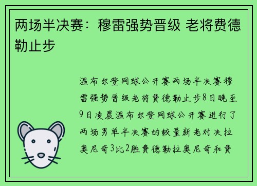 两场半决赛：穆雷强势晋级 老将费德勒止步