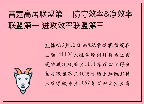 雷霆高居联盟第一 防守效率&净效率联盟第一 进攻效率联盟第三